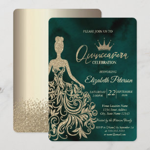 Convite Vestido Dourado, Diamantes Champanhe Verde Quincea