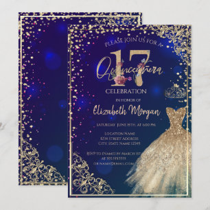 Convite Vestido Dourado Diamantes Floral Azul Quinceañera