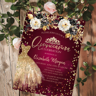 Convite Vestido Dourado Diamantes Flores Burgundy Quinceañ