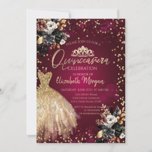 Convite Vestido Dourado ,Diamantes Rosas Pretas Quinceañer