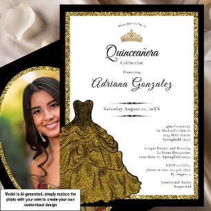 Convite Vestido Dourado e Tiara Foto Personalizada Quincea