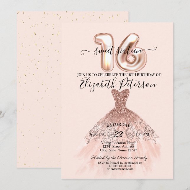 Convite Vestido Dourado Elegante Confetti Cream Sweet 16 (Frente/Verso)