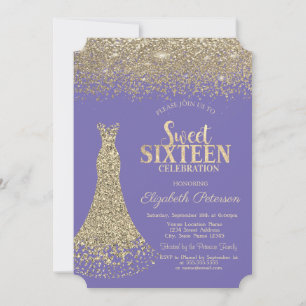 Convite Vestido Dourado Elegante Diamantes Lavanda Doce 16