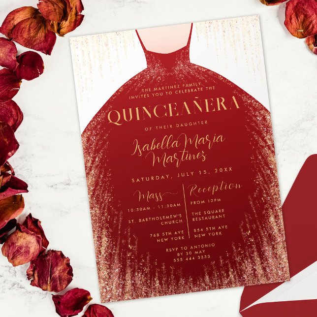 Convite Vestido Dourado Elegante Quinceañera (Elegant Red Gold Glitter Dress Quinceañera Invitation)