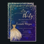 Convite Vestido Dourado, Festa aniversário de 30 anos Azul<br><div class="desc">Dourado vestido,  tiara,  e diamantes num fundo azul.</div>
