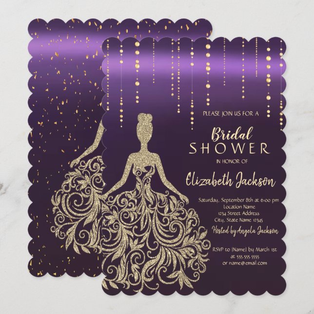 Convite Vestido Dourado Glitter Chic Tonalidade Violeta Ch (Frente/Verso)