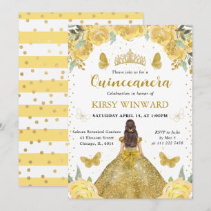 Convite Vestido Dourado Morena Princesa Quinceanera