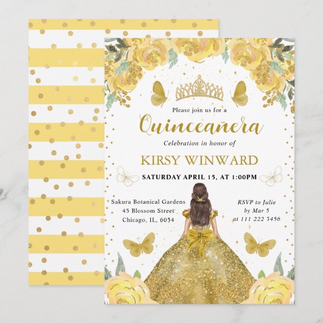 Convite Vestido Dourado Morena Princesa Quinceanera (Frente/Verso)