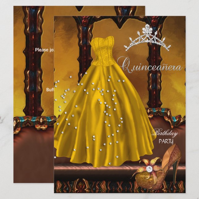 Convite Vestido Dourado para Festa de Aniversário de Quinz (Frente/Verso)