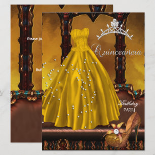 Convite Vestido Dourado para Festa de Aniversário de Quinz