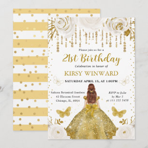 Convite Vestido Dourado Princesa de Cabelos Vermelhos Aniv