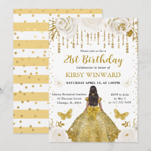 Convite Vestido Dourado Princesa de Pele Morena Aniversári