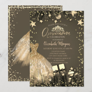 Convite Vestido Dourado,Ramos,Estrelas de Diamantes Quince