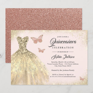Convite Vestido Dourado Rosa Borboleta Rose Gold Quinceane