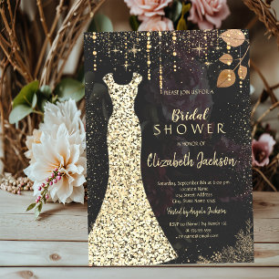 Convite Vestido Dourado, Rosas Escuras com Confetes Chá de