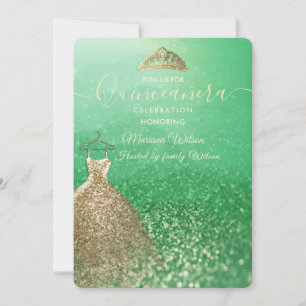 Convite Vestido Dourado tiara Quinceañera brilhante verde