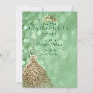 Convite Vestido Dourado tiara Quinceañera brilhante verde