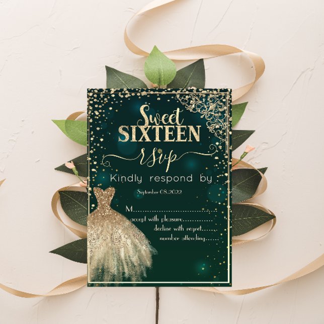 Convite Vestido Dourado Verde Tiara, Diamantes Doce 16 RSV (Criador carregado)