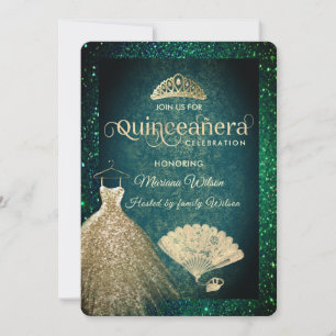 Convite Vestido Dourado verde, tiara fã Quinceañera