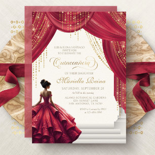 Convite Vestido Dourado Vermelho Moderno Quinceanera