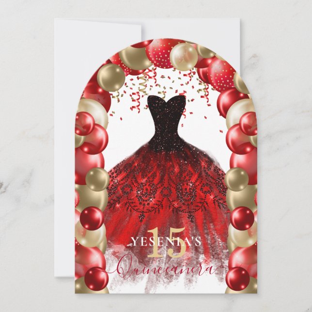Convite Vestido Dourado Vermelho Quinceañera Arco Balão (Frente)