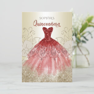 Convite Vestido Dourado vermelho Quinceañera Quince