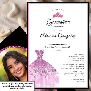 Convite Vestido elegante 15º aniversário rosa Quinceanera