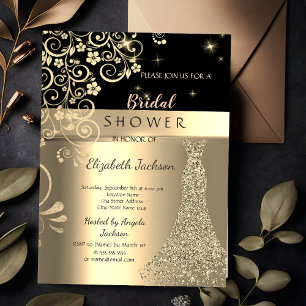 Convite Vestido Elegante com Brilho Dourado e Flores para 