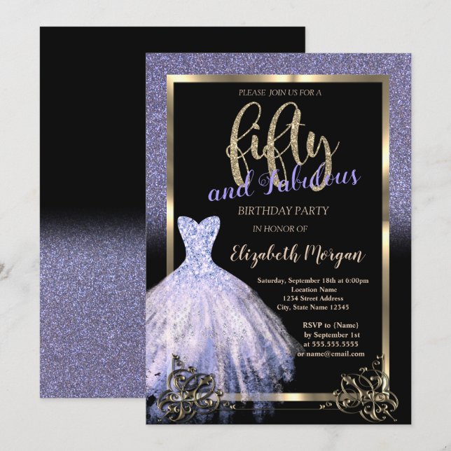 Convite Vestido Elegante com Glitter Violeta para Festa de (Frente/Verso)