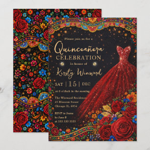 Convite Vestido Elegante de Glitter Dourado Vermelho Quinc