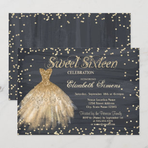 Convite Vestido Elegante Dourado Diamantes Preto Sweet 16