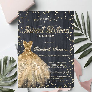 Convite Vestido Elegante Dourado Diamantes Preto Sweet 16