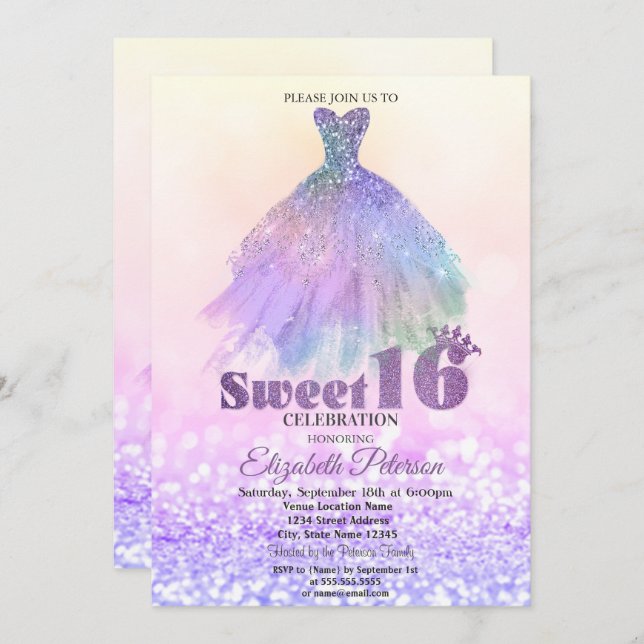 Convite Vestido Elegante Glitter Bokeh Sweet 16 (Frente/Verso)