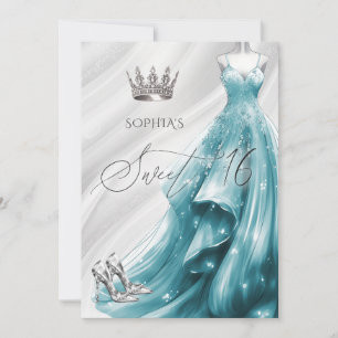 Convite Vestido Elegante Prata Verde Água Brilho Sweet 16