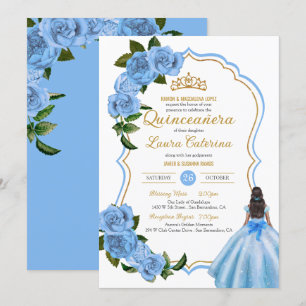 Convite Vestido Elegante Quinceanera Rosas Azuis Claros Co