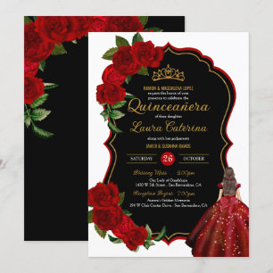 Convite Vestido Elegante Quinceanera Rosas vermelhas Negra