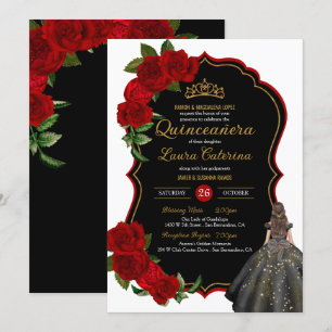Convite Vestido Elegante Quinceanera Rosas vermelhas Negra