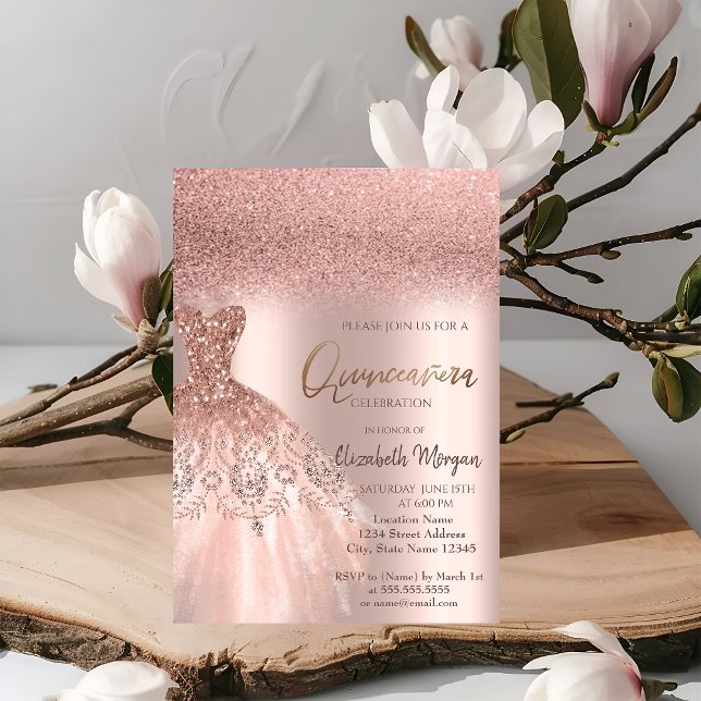 Convite Vestido Elegante Rosa Dourado com Glitter para Con (Criador carregado)
