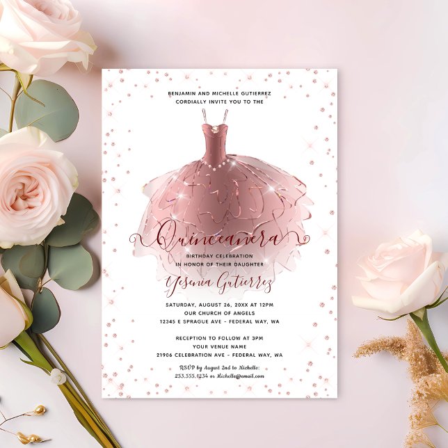 Convite Vestido Elegante Rosa Dourado Diamond Quinceañera (Elegant Rose Gold Diamond Quinceañera Dress Invitation)