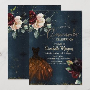 Convite Vestido Elegante,Rosas Azul Escuro Quinceañera