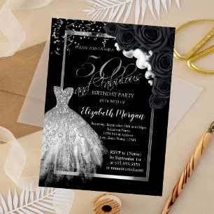 Convite Vestido Elegante, Rosas Pretas Confetes 50º Aniver