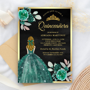 Convite Vestido Esmeralda Loiro Quinceanera Preto Dourado