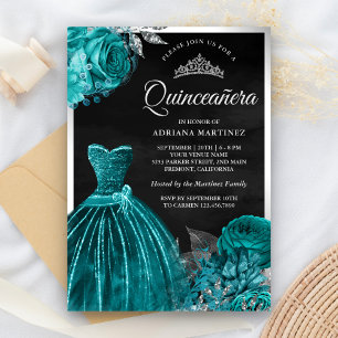 Convite Vestido Espelhante Rosas Azul Teal Preto Prata Qui