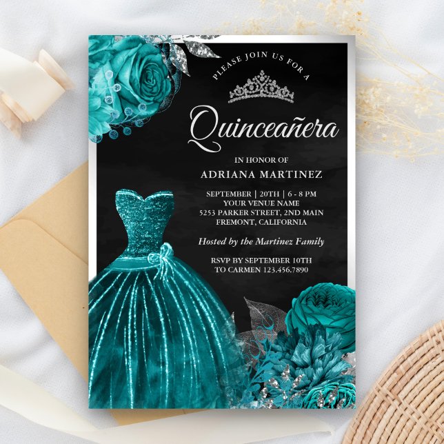 Convite Vestido Espelhante Rosas Azul Teal Preto Prata Qui (Criador carregado)