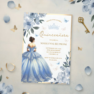 Convite Vestido Floral Azul Borboleta Quinceañera 