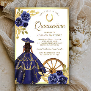 Convite Vestido Floral Azul Marinho Charro Dourado Quincea