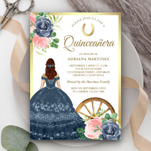 Convite Vestido Floral Azul Marinho Charro Dourado Quincea