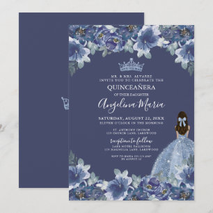 Convite Vestido Floral Azul Marinho Quinceanera