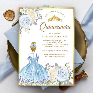 Convite Vestido Floral Azul Pastel Princesa Dourada Quince