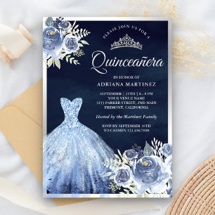 Convite Vestido Floral Azul Pastel Quinceanera Prata Naval